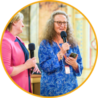 A fundraiser delivers a talk at her church.